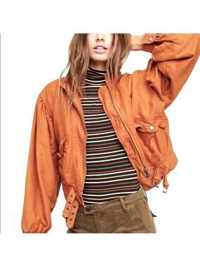 FREE PEOPLE Burnt Orange Poet Jacket Full Zip Puffy Sleeves Women’s Size XS